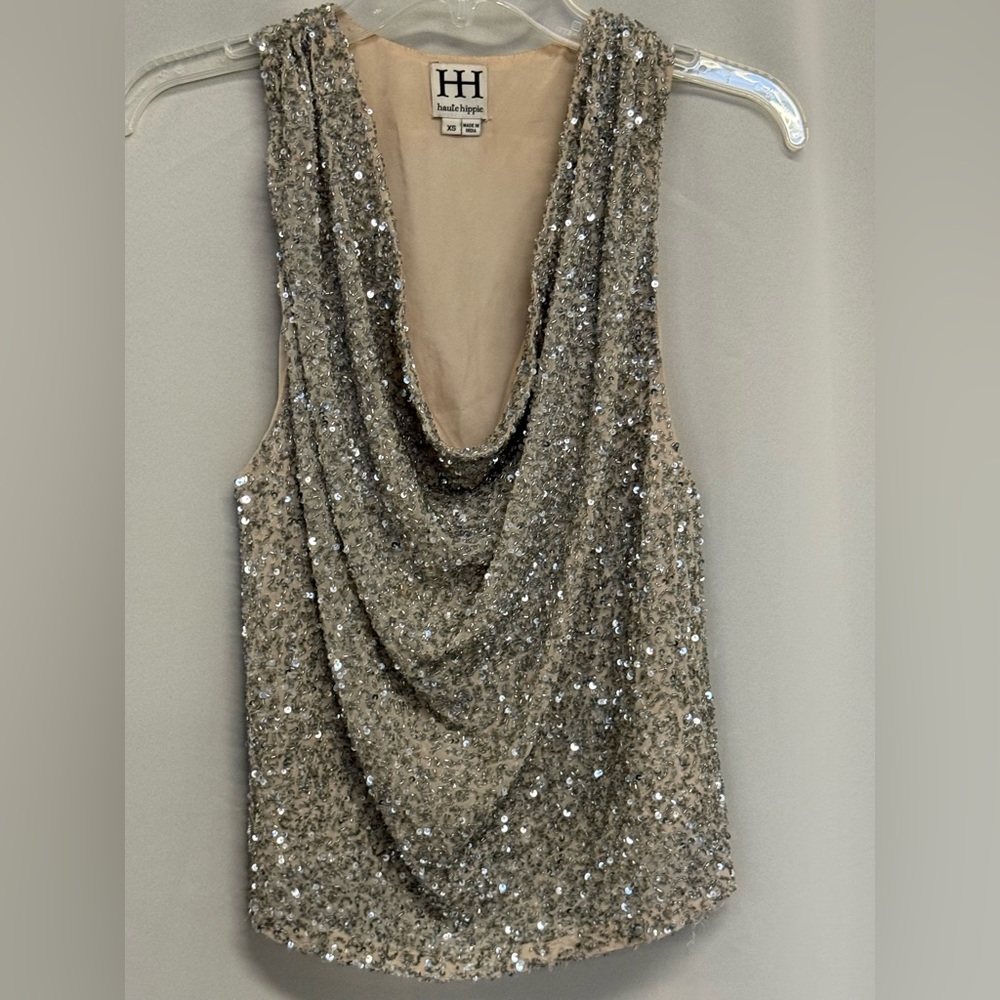 Haute Hippie Silver Sequin Embellished Top - Picture 2 of 8